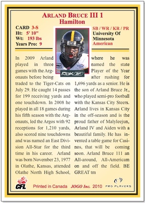 2010 Jogo CFL  pre-production sample card back