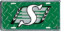 Saskatchewan Roughriders green tread metal license plate